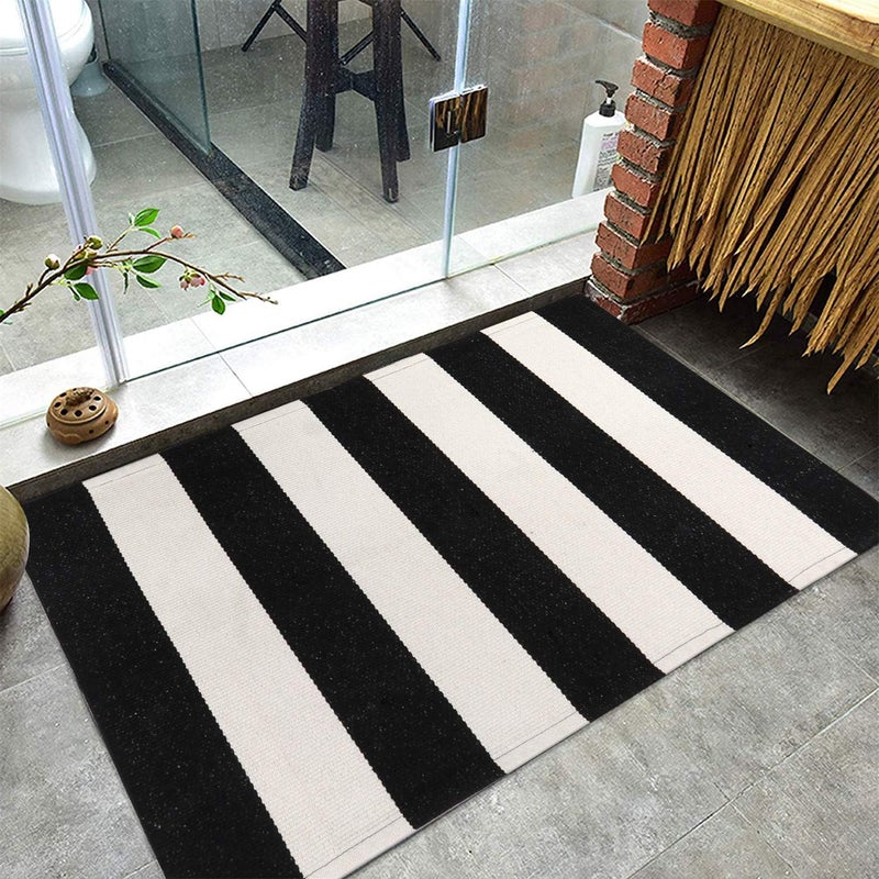 LEEVAN Black and White Rug 2X3, Washable Black Door Mat Cotton Woven Front Porch Rugs, Layered Door Mats Outdoor Welcome Indoor Door Mats, Farmhouse Go Away Doormat Door Mat Indoor Entrance Rug - Image 5